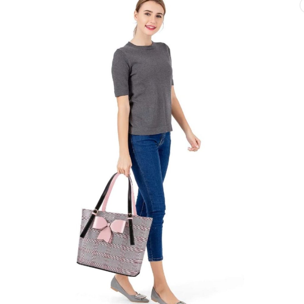 MOSISO  plaid Tote laptop bag carry all  houndstooth large Pink bow, stylish